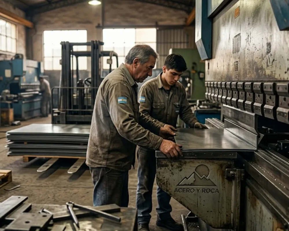 Dos operarios metalúrgicos argentinos trabajan en una prensa hidráulica, doblando una chapa de acero en un taller industrial pyme. La escena es fotorrealista, con iluminación natural, y muestra el desgaste de la maquinaria.  Contenido Original de ACERO Y ROCA - Prohibida su reproducción