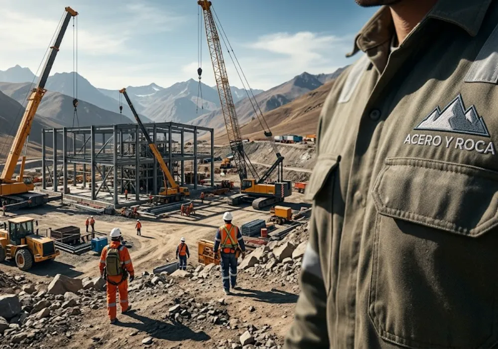 Contenido Original de ACERO Y ROCA - Prohibida su reproducción Amplio panorama de la construcción de un gran campamento minero en la cordillera de los Andes, con grúas y maquinaria pesada operando. Contenido Original de ACERO Y ROCA - Prohibida su reproducción