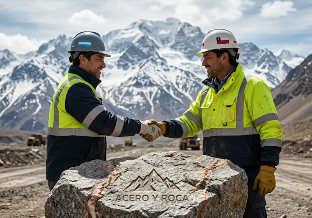 Contenido Original de ACERO Y ROCA - Prohibida su reproducción Acuerdo de colaboración minera entre profesionales de Argentina y Chile con la cordillera de los Andes de fondo. Contenido Original de ACERO Y ROCA - Prohibida su reproducción