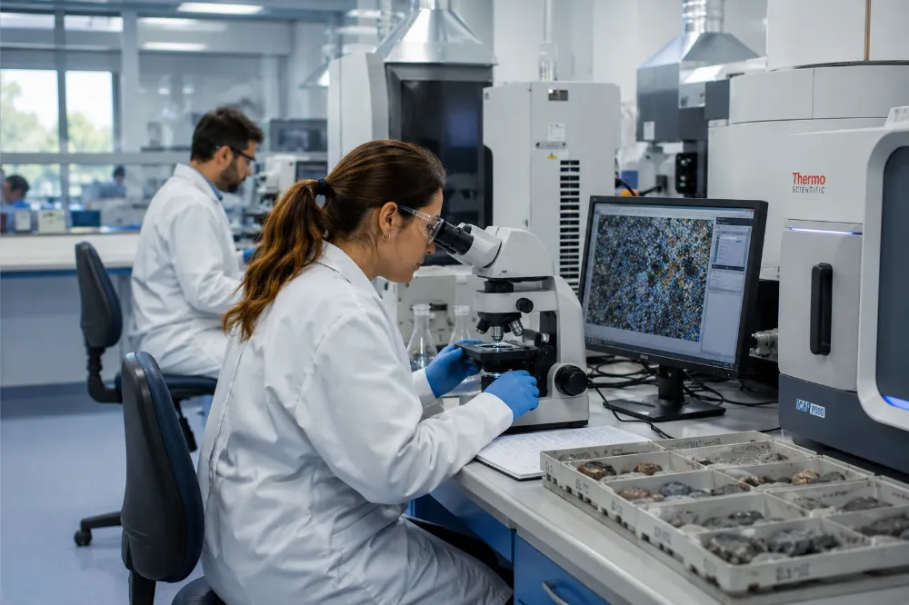 Técnicos especializados realizan análisis geoquímicos de muestras minerales en un laboratorio certificado para minería. Contenido Original de ACERO Y ROCA - Prohibida su reproducción.