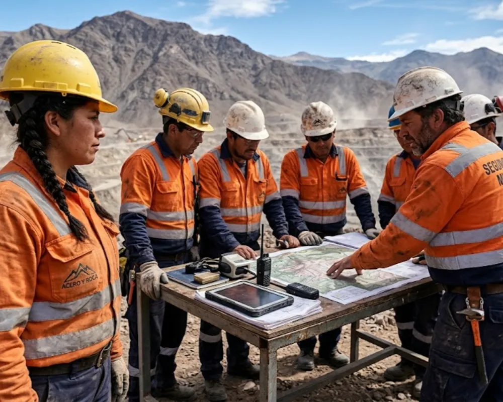 Un grupo de trabajadores mineros locales, equipados con cascos y uniformes de seguridad naranja de alta visibilidad, participan activamente en una charla técnica al aire libre en un entorno montañoso y árido.Contenido Original de ACERO Y ROCA - Prohibida su reproducción