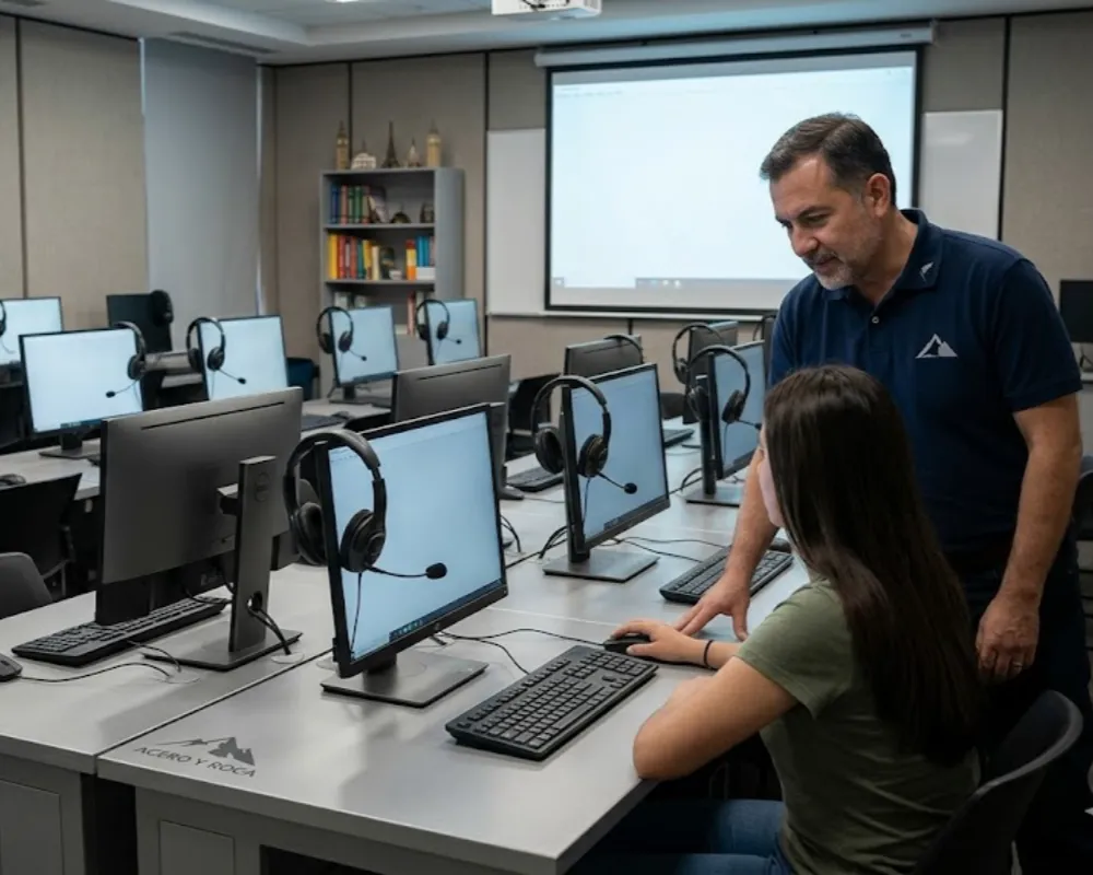 Aula técnica del Laboratorio de Lenguas de la FFHA en San Juan con equipamiento de audio y materiales de capacitación. Contenido Original de ACERO Y ROCA - Prohibida su reproducción