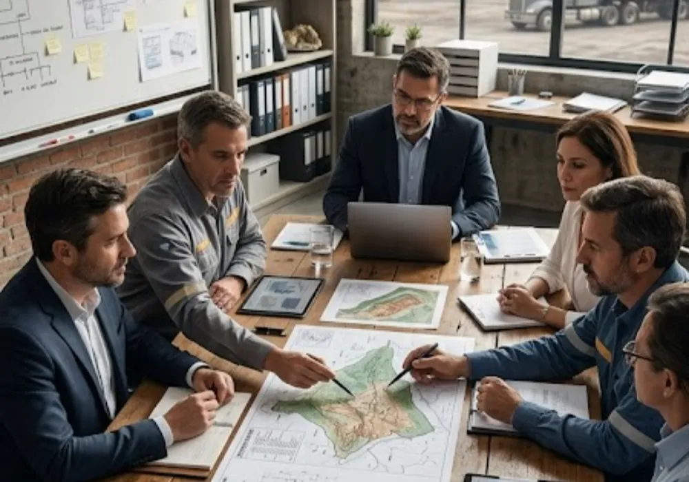 Reunión de directorio en una pyme industrial de servicios mineros en San Juan, Argentina. Ejecutivos analizan planos de proyectos mineros (mina a cielo abierto) sobre una mesa de madera maciza. Contenido Original de ACERO Y ROCA - Prohibida su reproducción