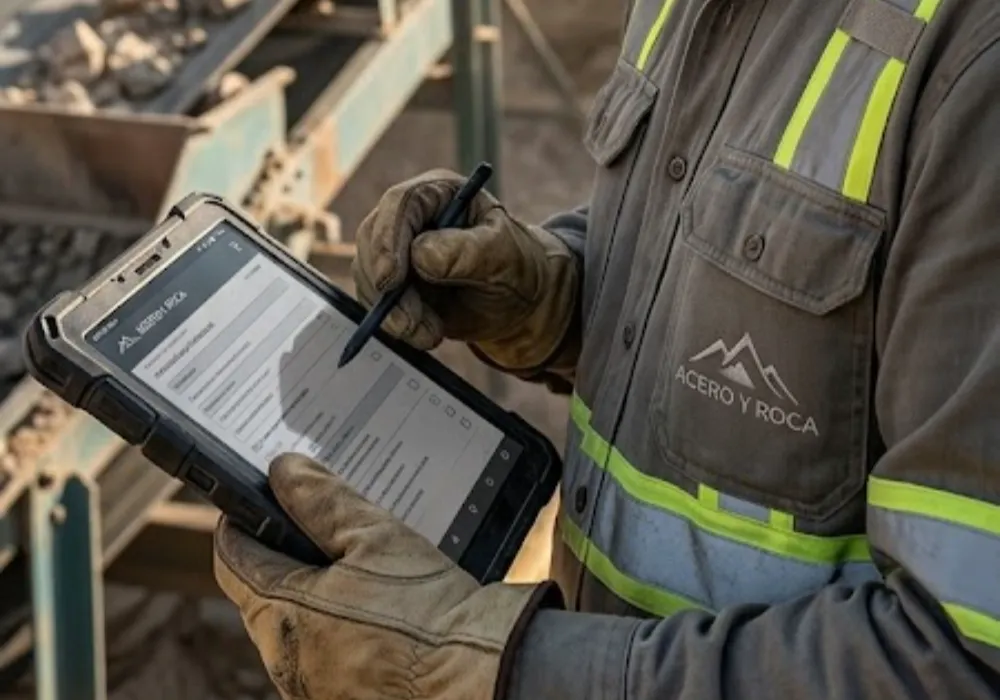 Supervisor de seguridad con EPP completo, revisando un protocolo en una tablet industrial resistente frente a una gran excavadora minera polvorienta en San Juan, Argentina. Contenido Original de ACERO Y ROCA - Prohibida su reproducción