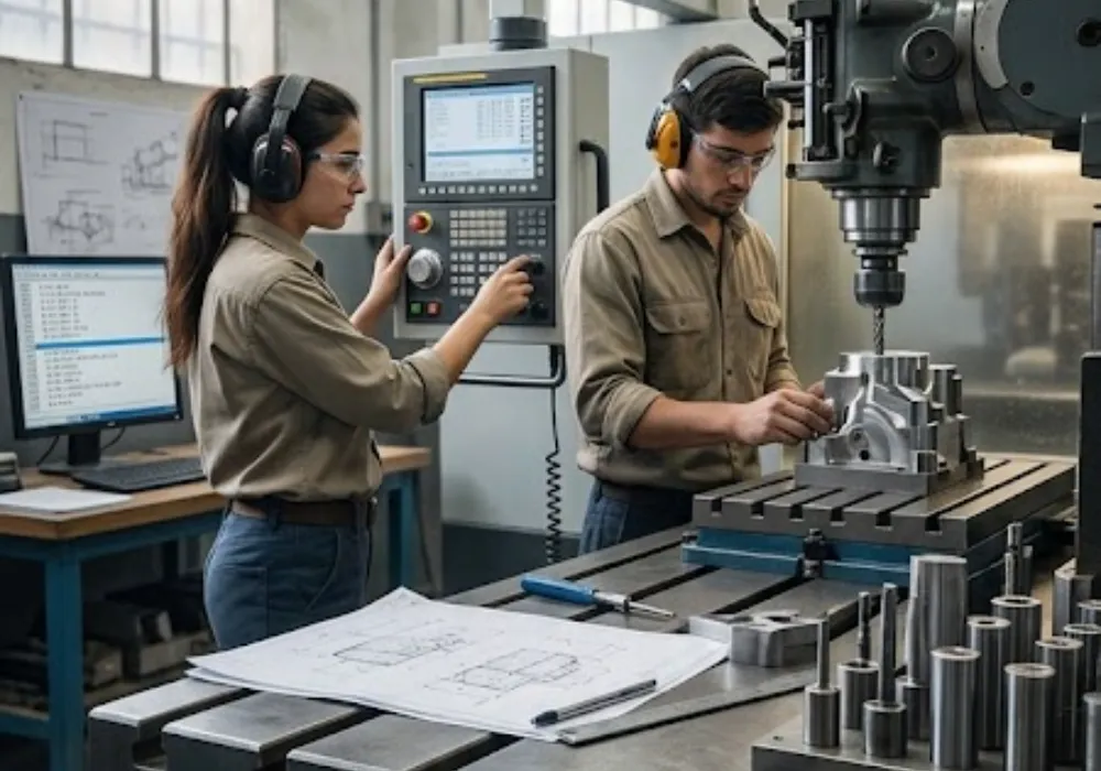 Servicios industriales de precisión en San Juan, Argentina, con excelente iluminación. Dos trabajadores jóvenes locales con EPP operan una moderna máquina de control numérico (CNC). Contenido Original de ACERO Y ROCA - Prohibida su reproducción
