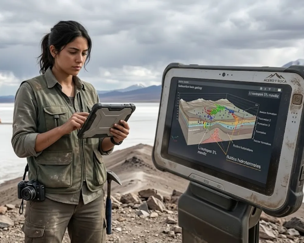 Salar de Olaroz, utilizando una tableta de campo resistente que muestra un modelo 3D geológico. Contenido Original de ACERO Y ROCA - Prohibida su reproducción