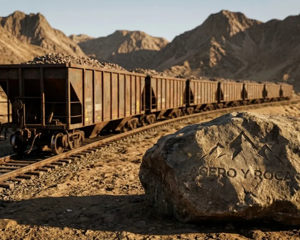 Un tren de carga cargado de mineral avanza por una vía sinuosa en un paisaje andino árido de Argentina. Contenido Original de ACERO Y ROCA - Prohibida su reproducción