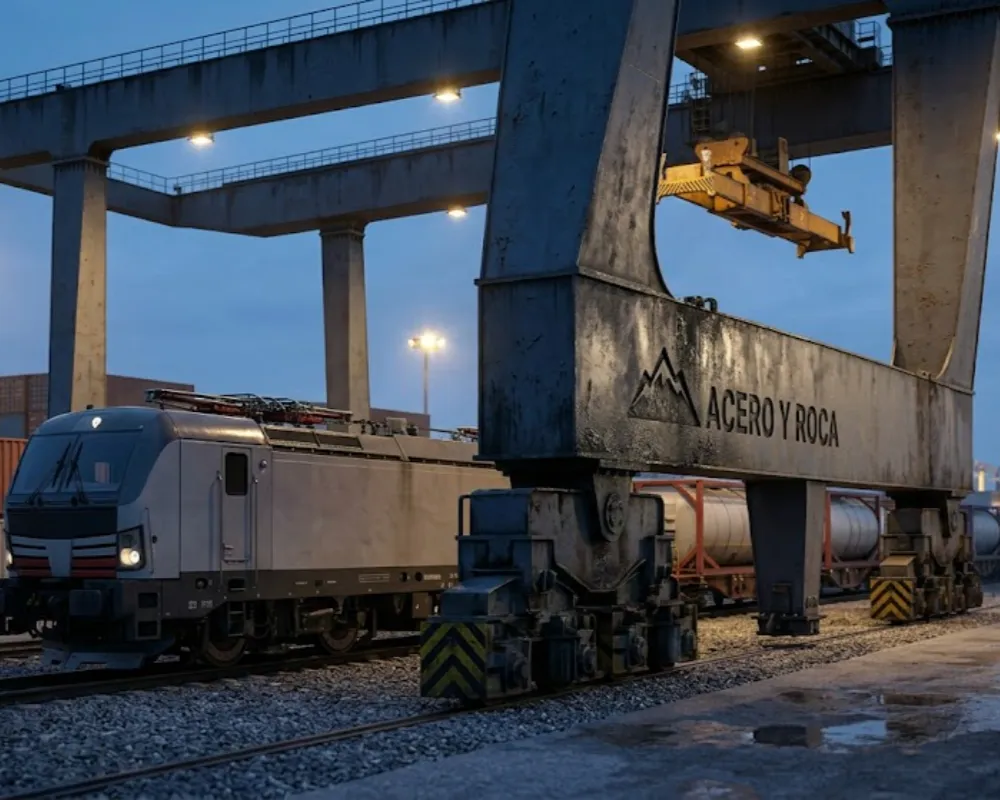 Un nodo de transferencia intermodal ferroviario cerca de un puerto en el crepúsculo. Contenido Original de ACERO Y ROCA - Prohibida su reproducción