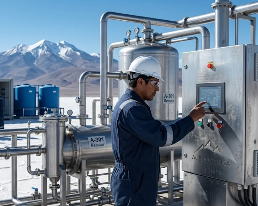 Imagen de ACERO Y ROCA Planta piloto de extracción de litio en un salar andino, con técnicos operando equipos de alta tecnología de acero inoxidable bajo una luz natural brillante. Contenido Original de ACERO Y ROCA - Prohibida su reproducción