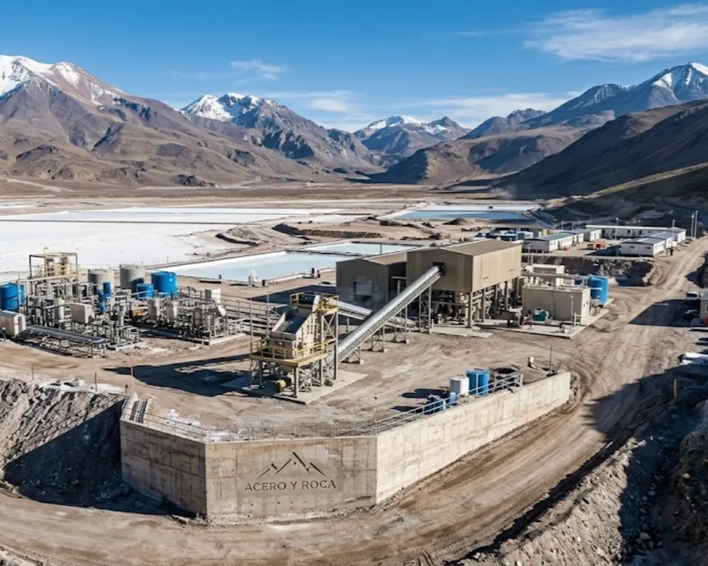Contenido Original de ACERO Y ROCA - Prohibida su reproducción Una vista aérea de una moderna infraestructura minera integrada en el paisaje cordillerano de San Juan, Argentina. Contenido Original de ACERO Y ROCA - Prohibida su reproducción