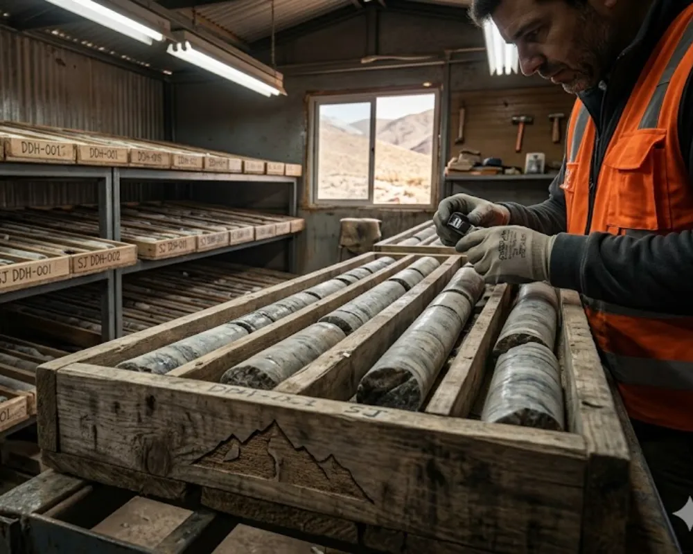 Núcleos de perforación minera cilíndricos alineados en cajas de madera dentro de un galpón industrial en San Juan, Argentina, listos para análisis geoquímico. Contenido Original de ACERO Y ROCA - Prohibida su reproducción