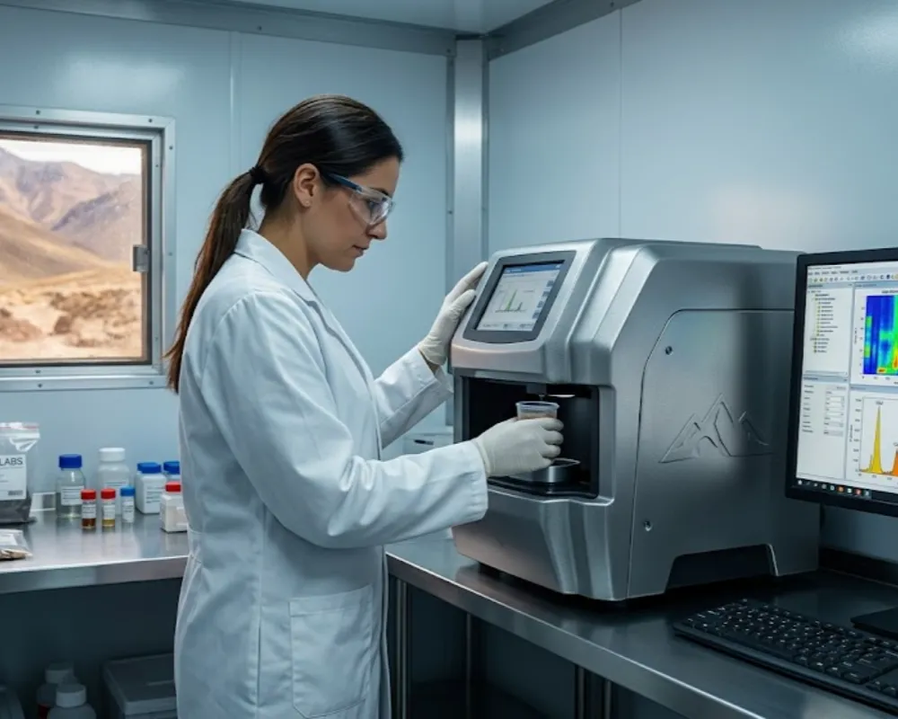 Interior de un laboratorio modular MSALABS en una mina remota de San Juan, mostrando a una técnica analizando muestras con un espectrómetro XRF avanzado. Contenido Original de ACERO Y ROCA - Prohibida su reproducción