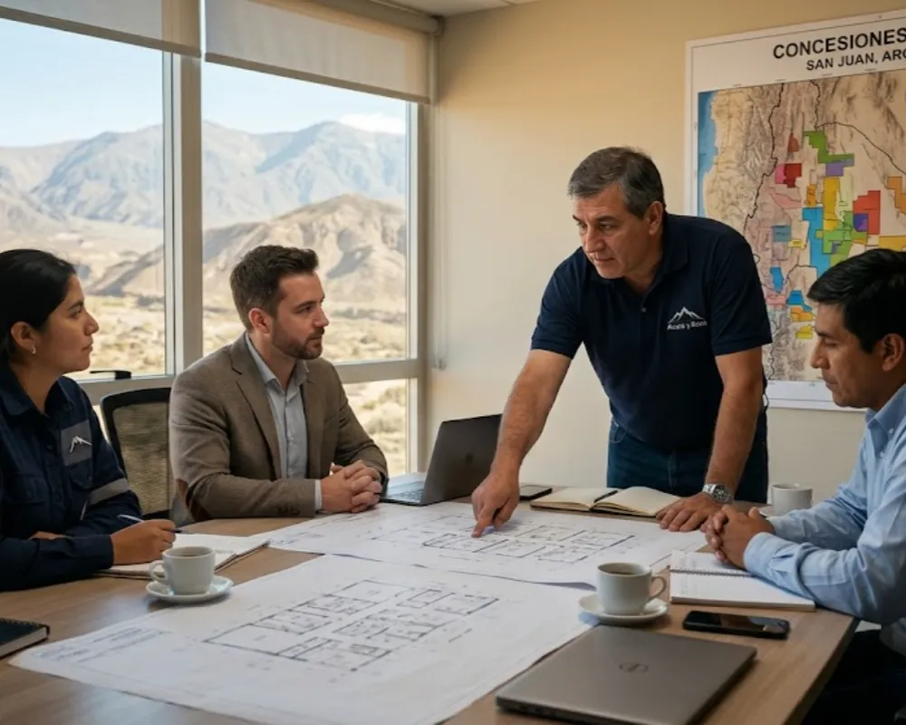 Un grupo de profesionales mineros canadienses y locales analizan planos de planta para la instalación de laboratorios en una sala de reuniones con vista a las montañas de San Juan. Contenido Original de ACERO Y ROCA - Prohibida su reproducción