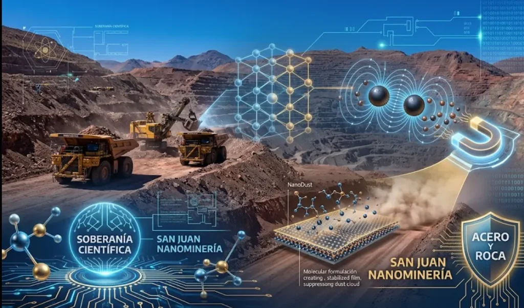 Un tajo abierto masivo en los Andes con camiones mineros, representando el escenario real de la industria en la provincia.. Contenido Original de ACERO Y ROCA - Prohibida su reproducción