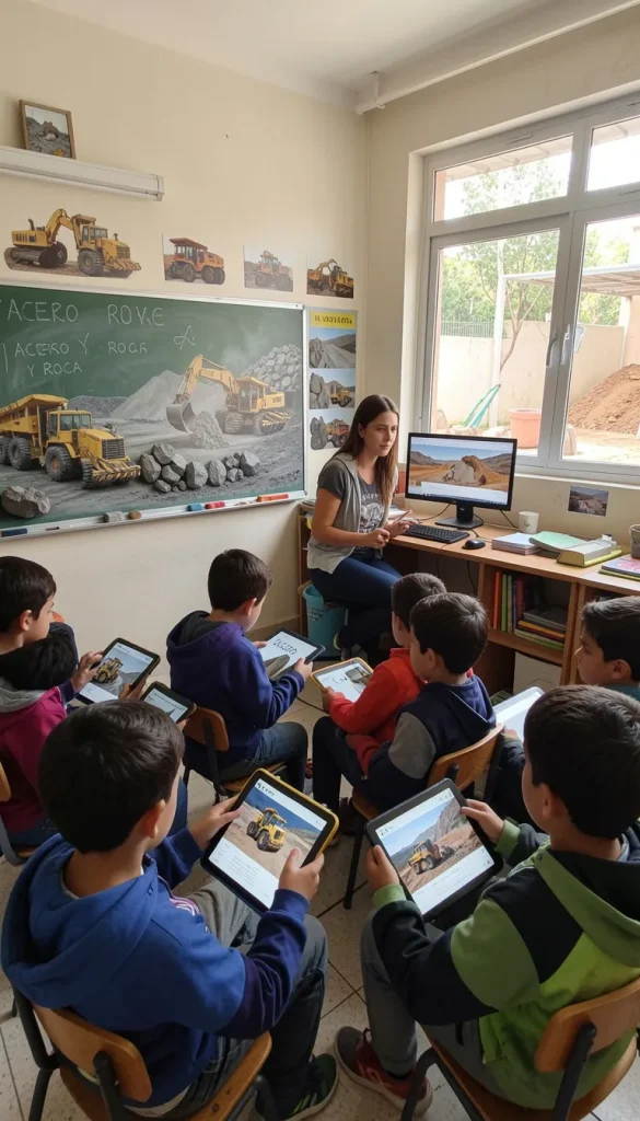 Niños en la escuela utilizando tecnologías inmersivas para la enseñanza minera con IA. Contenido Original de ACERO Y ROCA - Prohibida su reproducción