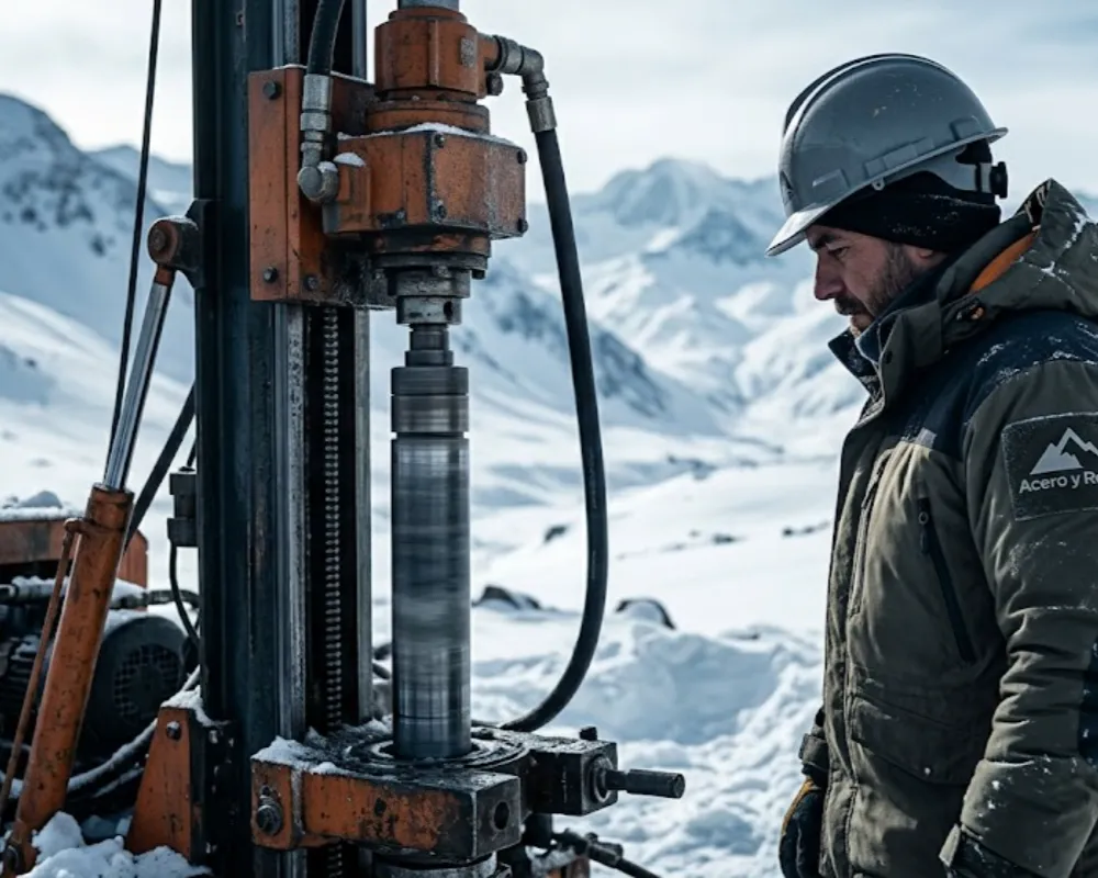 Geólogo con uniforme técnico observando plataforma de perforación diamantina operando bajo la nieve en alta montaña. Contenido Original de ACERO Y ROCA - Prohibida su reproducción