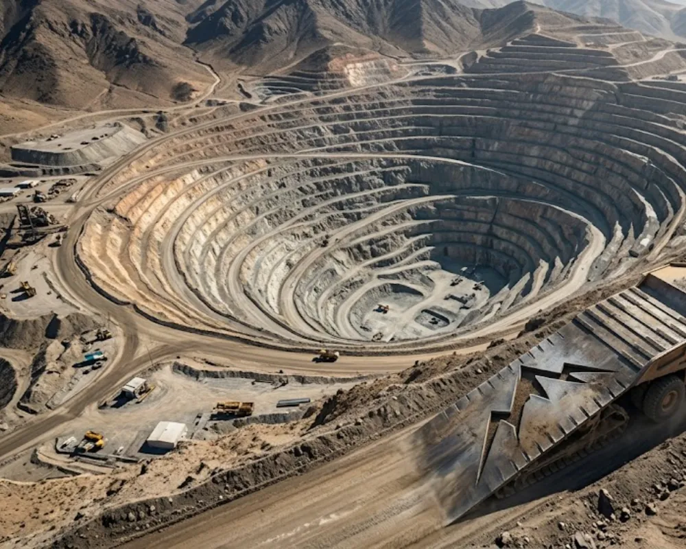 Vista aérea detallada del diseño del rajo final proyectado para la mina de cobre a cielo abierto en Pachón. Contenido Original de ACERO Y ROCA - Prohibida su reproducción
