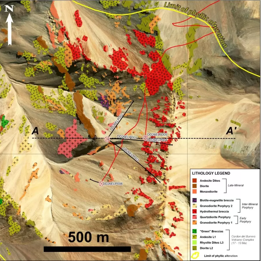 Mapa satelital y geofísico que detalla la extensión del sistema de pórfido de cobre en el proyecto El Perdido Mendoza.
