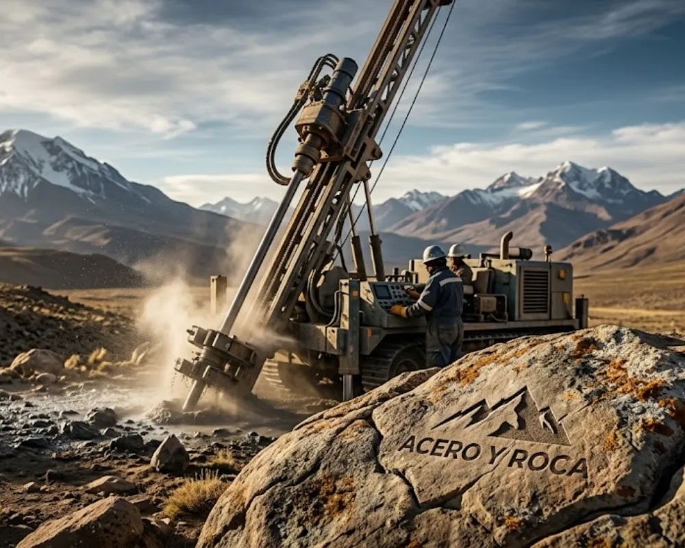 Plataforma de perforación minera operando en zona cordillerana bajo condiciones de cielo despejado. Contenido Original de ACERO Y ROCA - Prohibida su reproducción