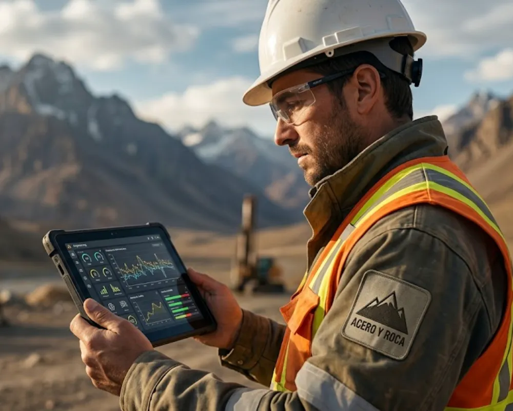 Ingeniero analizando métricas de perforación en una tablet resistente en el sitio de operaciones. Contenido Original de ACERO Y ROCA - Prohibida su reproducción