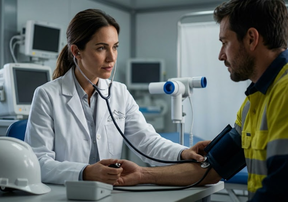Una médica de salud ocupacional realiza un chequeo de presión arterial a un minero. Contenido Original de ACERO Y ROCA - Prohibida su reproducción