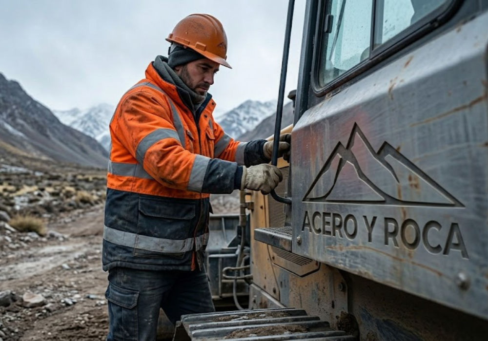 Un operador minero con ropa térmica de invierno y casco trabaja al aire libre en un entorno montañoso de precordillera en San Juan. Contenido Original de ACERO Y ROCA - Prohibida su reproducción