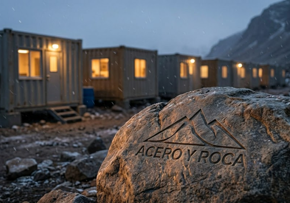 Vista exterior de módulos habitacionales modernos de un campamento minero en la precordillera de San Juan. Contenido Original de ACERO Y ROCA - Prohibida su reproducción