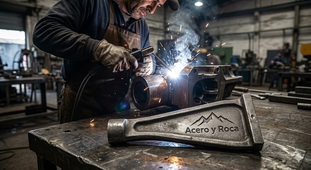 Metalúrgico sanjuanino en su taller de Rivadavia, trabajando con una soldadora de arco sobre una gran pieza de acero destinada a la minería. Contenido Original de ACERO Y ROCA - Prohibida su reproducción
