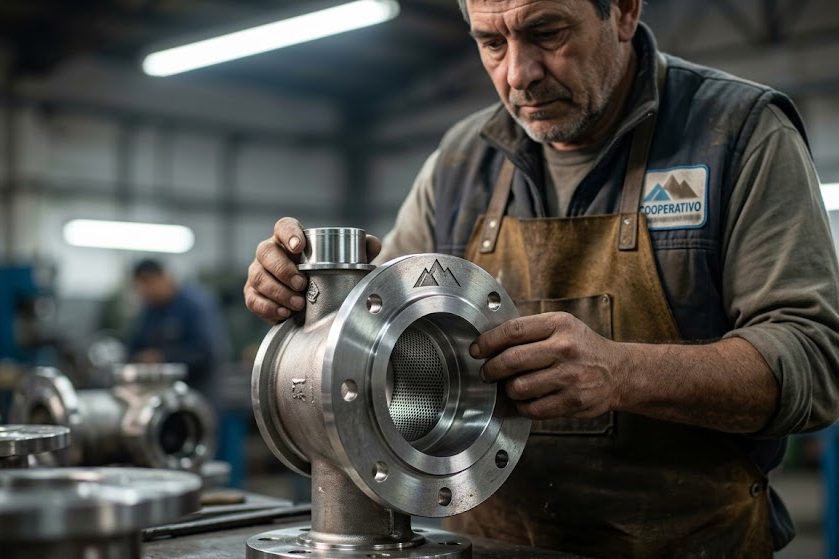 Trabajador sanjuanino, miembro de una cooperativa local, inspeccionando meticulosamente un intrincado componente metálico recién fabricado en un taller en Rivadavia. Contenido Original de ACERO Y ROCA - Prohibida su reproducción