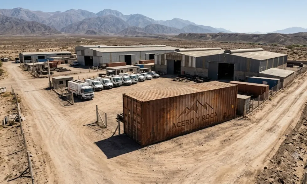 Talleres industriales sanjuaninos con montañas áridas al fondo. Una camioneta de asistencia técnica blanca está estacionada en el patio polvoriento. Contenido Original de ACERO Y ROCA - Prohibida su reproducción