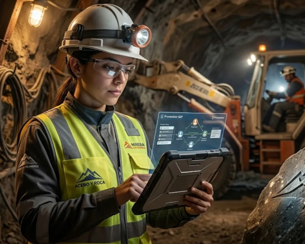 Una ingeniera minera en una faena subterránea, mirando una tableta rugosa que muestra una interfaz de red Proveminer conceptual.  Contenido Original de ACERO Y ROCA - Prohibida su reproducción