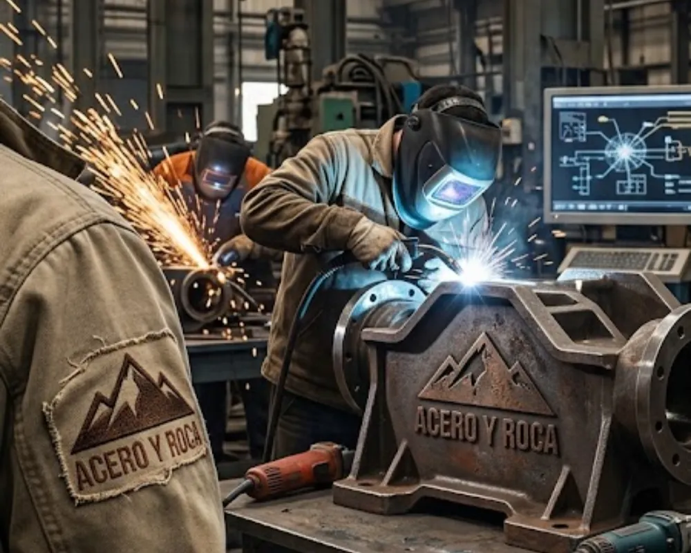 Trabajadores de una empresa proveedora local ensamblando componentes metálicos en un taller industrial. Contenido Original de ACERO Y ROCA - Prohibida su reproducción