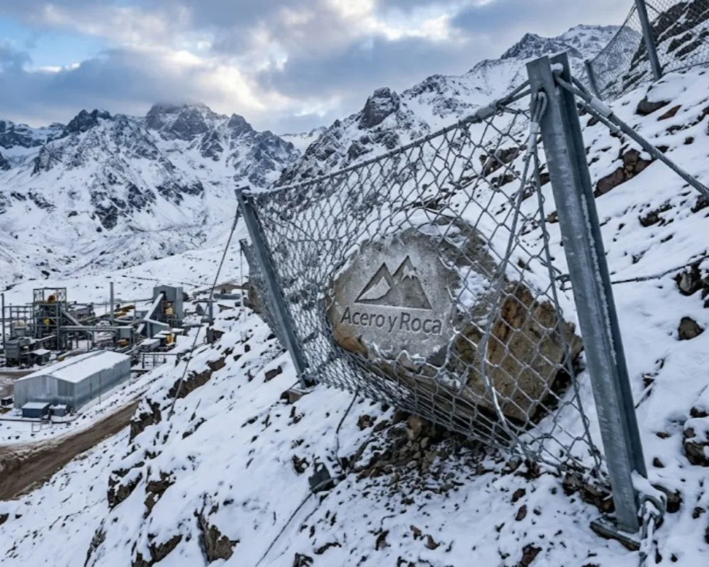 Barrera dinámica de acero protegiendo infraestructura minera contra caída de rocas. Contenido Original de ACERO Y ROCA - Prohibida su reproducción