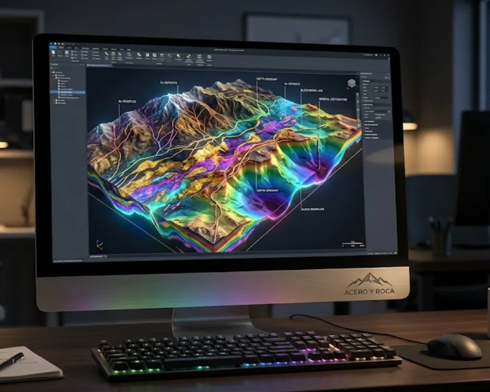Pantalla del Visor Principal SIGAM mostrando capas cartográficas de minerales metalíferos. Contenido Original de ACERO Y ROCA - Prohibida su reproducción