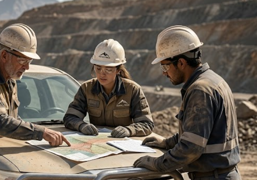 Ingenieros mineros con cascos y chalecos revisando planos técnicos sobre el capot de una camioneta en una mina a tajo abierto. Contenido Original de ACERO Y ROCA - Prohibida su reproducción