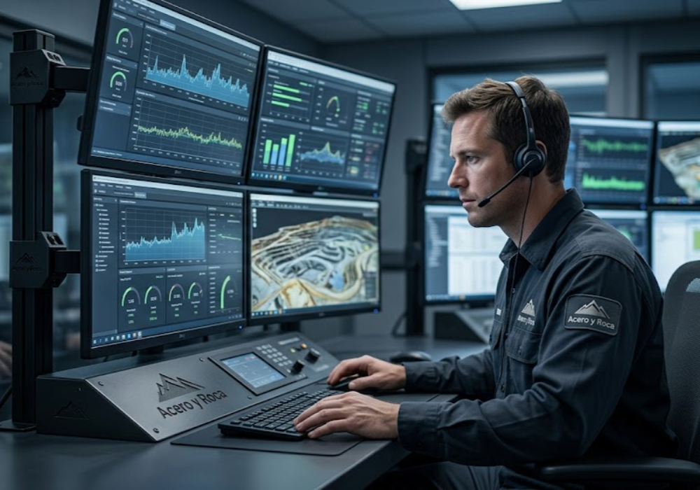 Un operador enfocado en una moderna sala de control industrial, analizando múltiples pantallas con gráficos de datos y mapas 3D.Contenido Original de ACERO Y ROCA - Prohibida su reproducción
