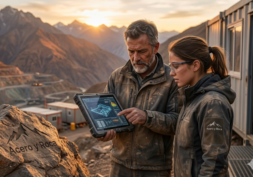Dos profesionales mineros, un hombre mayor y una mujer joven, discutiendo datos técnicos en una tablet industrial en un campamento de montaña al atardecer. Contenido Original de ACERO Y ROCA - Prohibida su reproducción