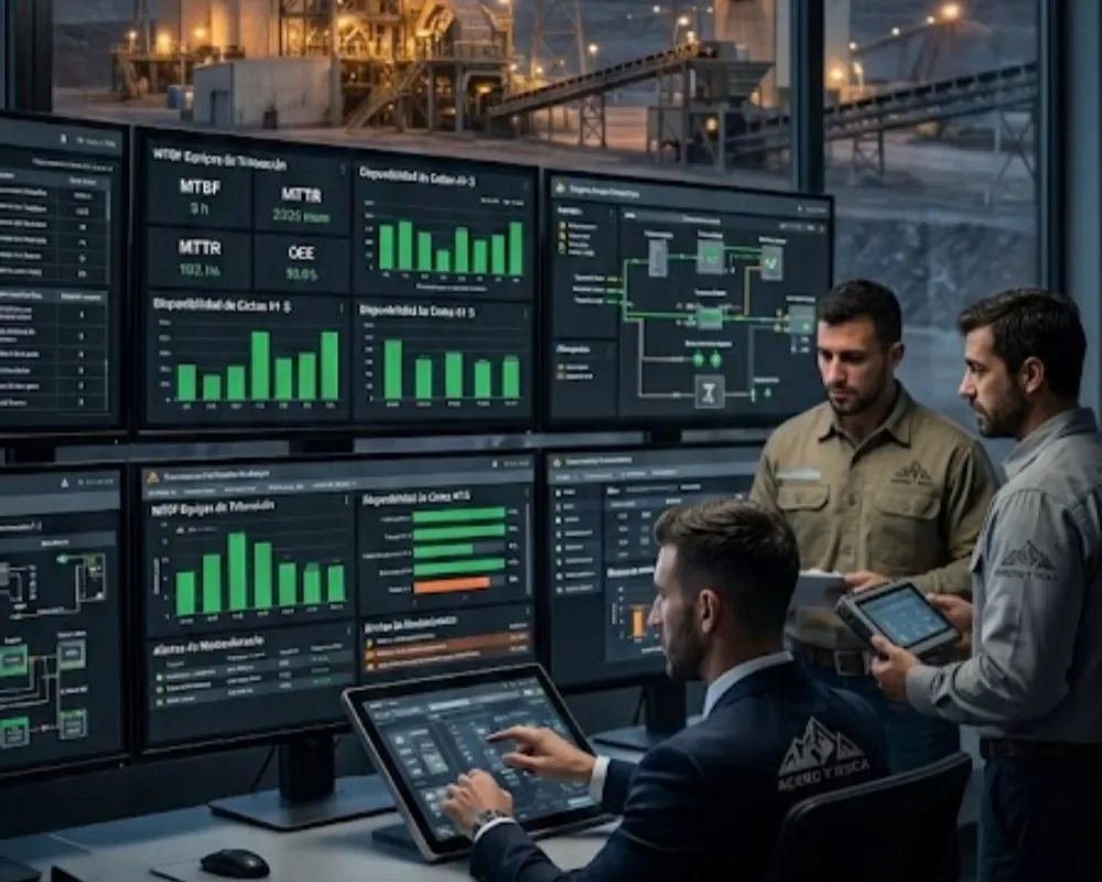 Ingenieros analizando el rendimiento de una planta minera a través de múltiples monitores con gráficos en tiempo real.