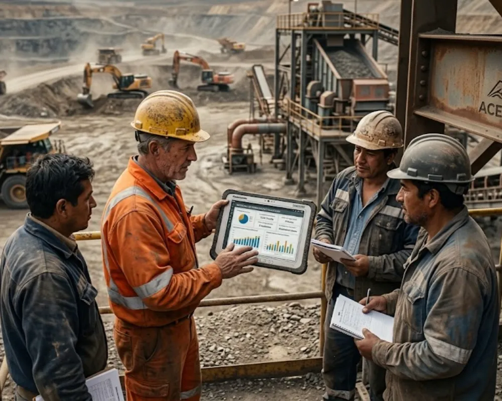 Supervisor minero con casco mostrando métricas en una tablet a proveedores locales en un entorno industrial. Contenido Original de ACERO Y ROCA - Prohibida su reproducción