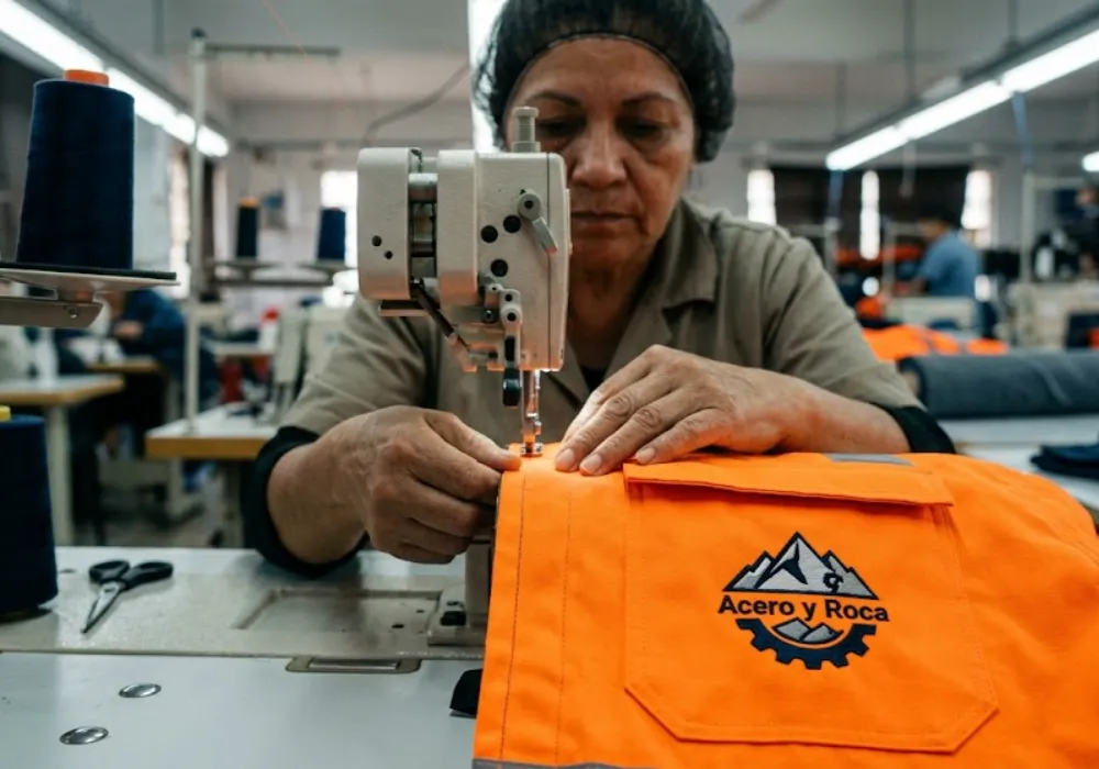 Operario textil en San Juan cosiendo una prenda técnica de alta visibilidad. Contenido Original de ACERO Y ROCA - Prohibida su reproducción