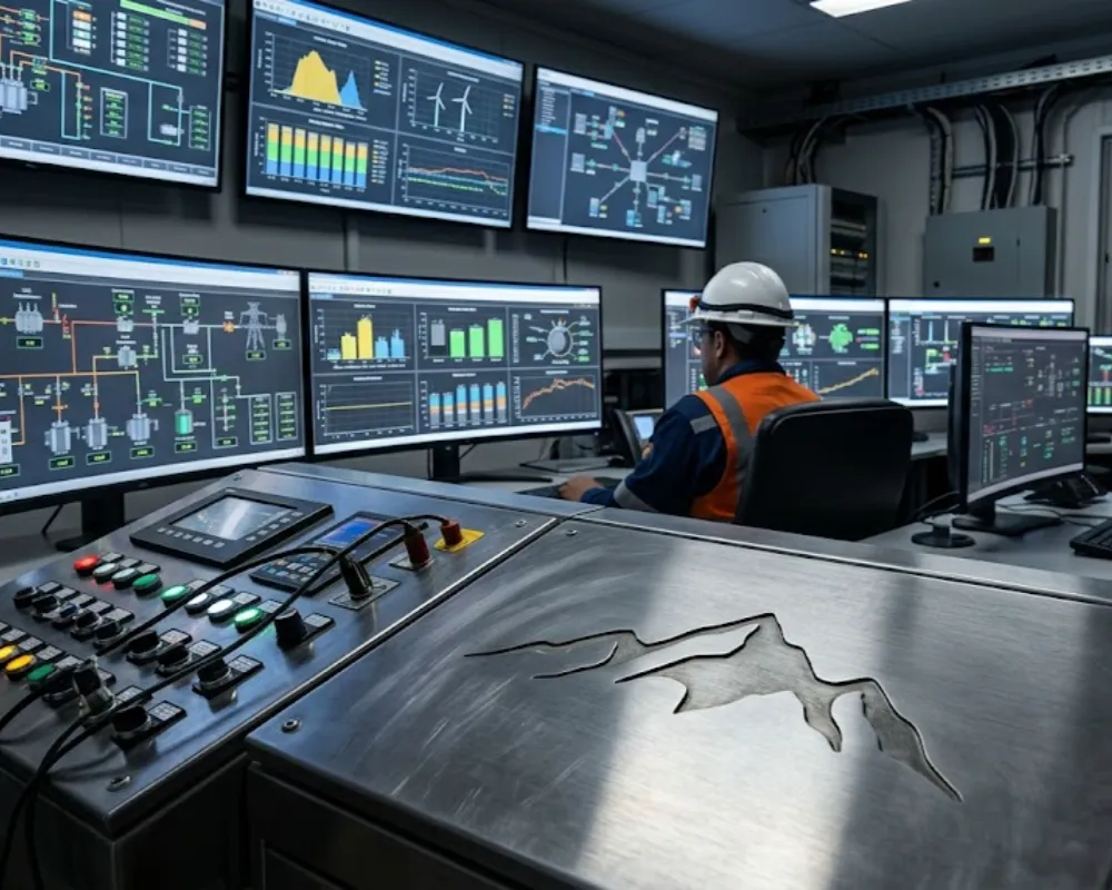 Infraestructura eléctrica minera híbrida y sistemas de automatización SCADA, con el logo grabado sutilmente en el panel de control de acero inoxidable. Contenido Original de ACERO Y ROCA - Prohibida su reproducción
