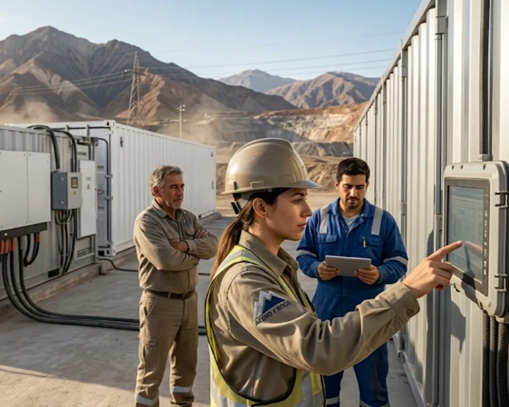 Proveedores locales inspeccionando sistemas de gestión y almacenamiento energético BESS. Contenido Original de ACERO Y ROCA - Prohibida su reproducción