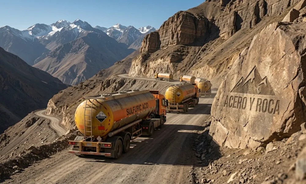 Camiones cisterna transportando insumos químicos en una ruta de alta montaña en San Juan. Contenido Original de ACERO Y ROCA - Prohibida su reproducción