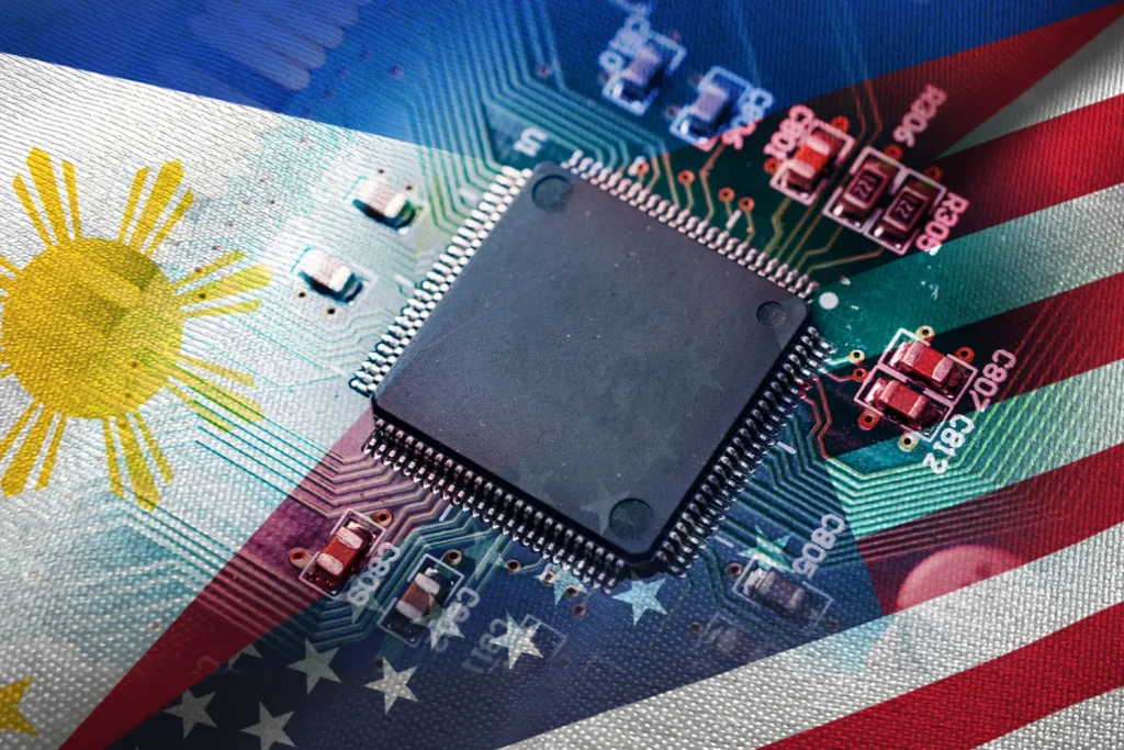 Bandera de EEUU y Argentina simbolizando la unión de ambos con chip tecnologico en medio
