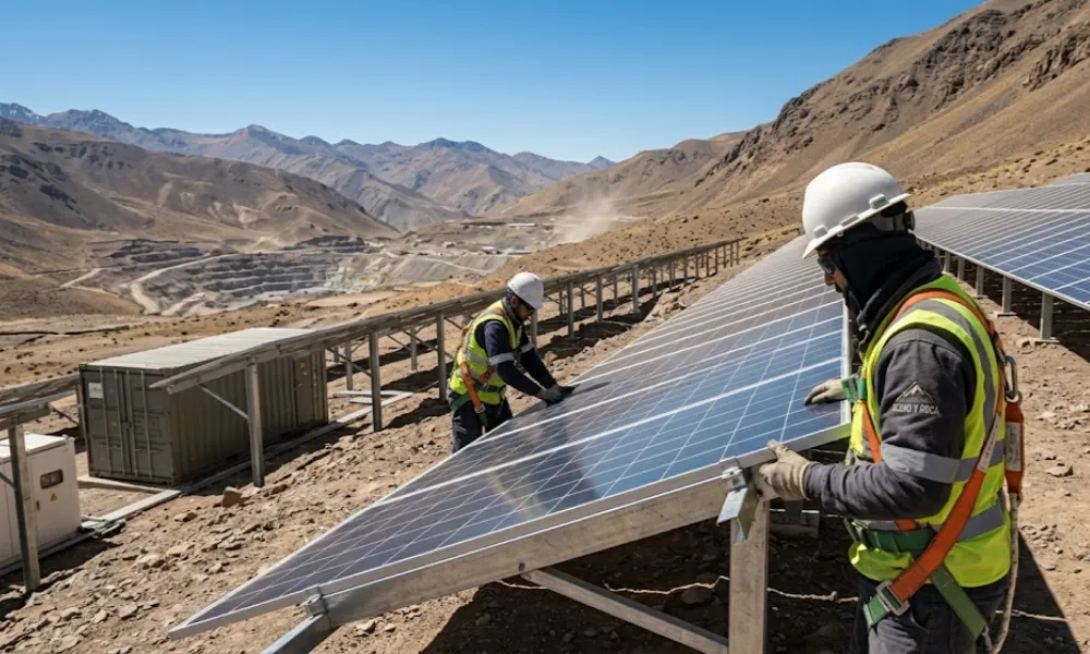 Operarios trabajando en la instalación de paneles solares y sistemas de almacenamiento de energía en una mina de altura. Contenido Original de ACERO Y ROCA - Prohibida su reproducción