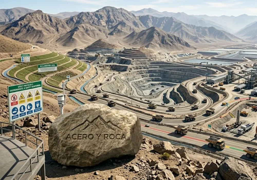 Contenido Original de ACERO Y ROCA - Prohibida su reproducción Operación minera sostenible cumpliendo normativas de seguridad y gestión ambiental. Contenido Original de ACERO Y ROCA - Prohibida su reproducción