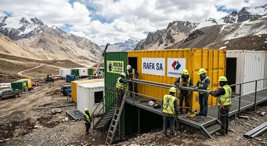 Trabajadores metalúrgicos y civiles ensamblando estructuras modulares de alta montaña de la empresa RAFA S.A. Imagen de IStock