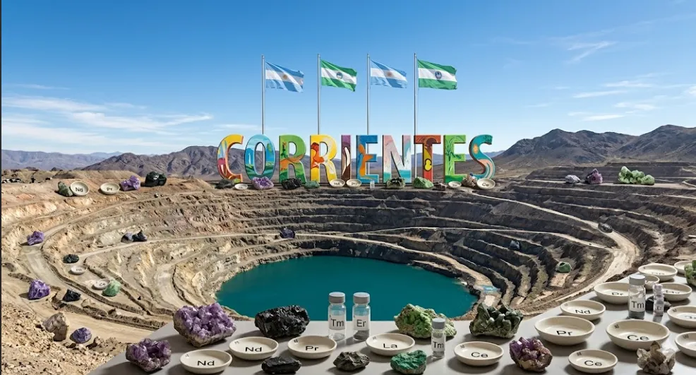 Una gran mina a cielo abierto con el cartel turístico de Corrientes y muestras científicas de tierras raras en primer plano, analizando el potencial de minerales críticos. Contenido Original de ACERO Y ROCA - Prohibida su reproducción