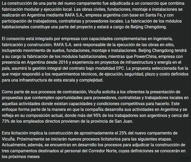 Captura del comunicado emitido por la operadora del proyecto minero Vicuña sobre la licitación de infraestructura habitacional.