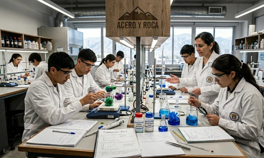 Alumnos realizando experimentos en el taller de cristalografía. Contenido Original de ACERO Y ROCA - Prohibida su reproducción